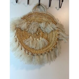 Boho Straw Circle Bag Fringe Tassel Round Woven Tote Natural Tan Cream Handbag